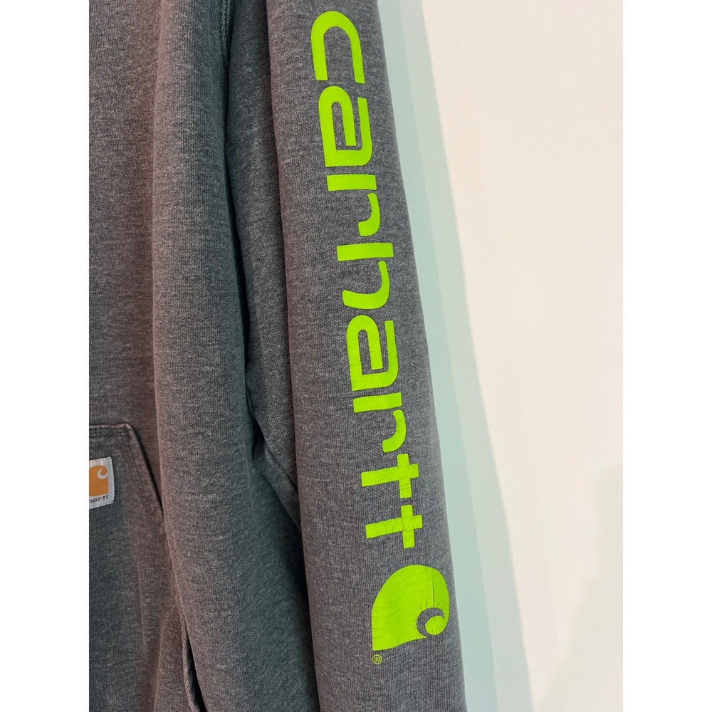 Carhartt Mens XL Charcoal Grey Neon Green Sleeve Logo‎ Hoodie Original Fit K288 - Picture 3 of 6